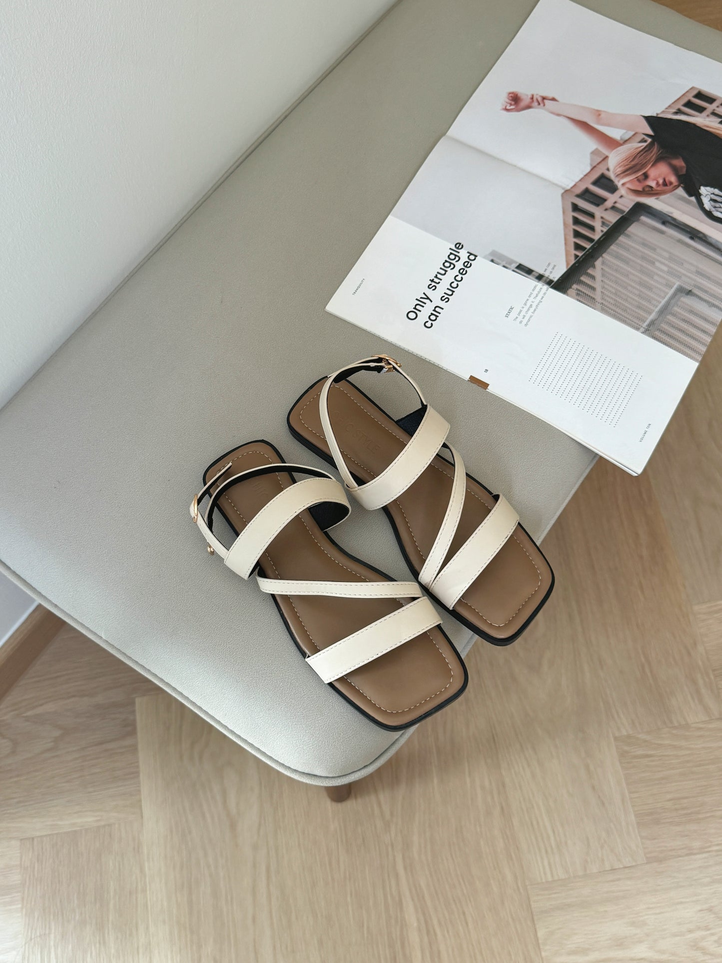 Laura Irregular Strap Sandals (Beige)
