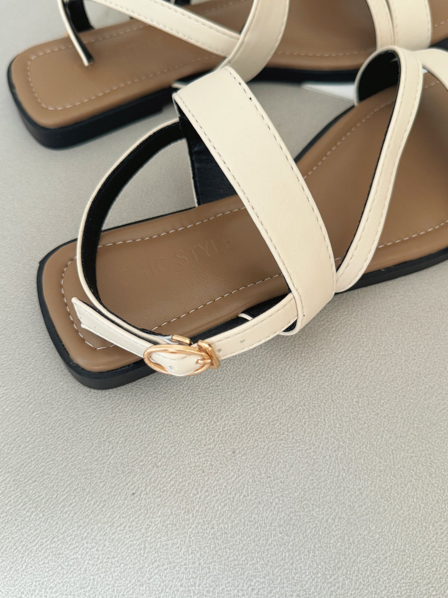 Laura Irregular Strap Sandals (Beige)