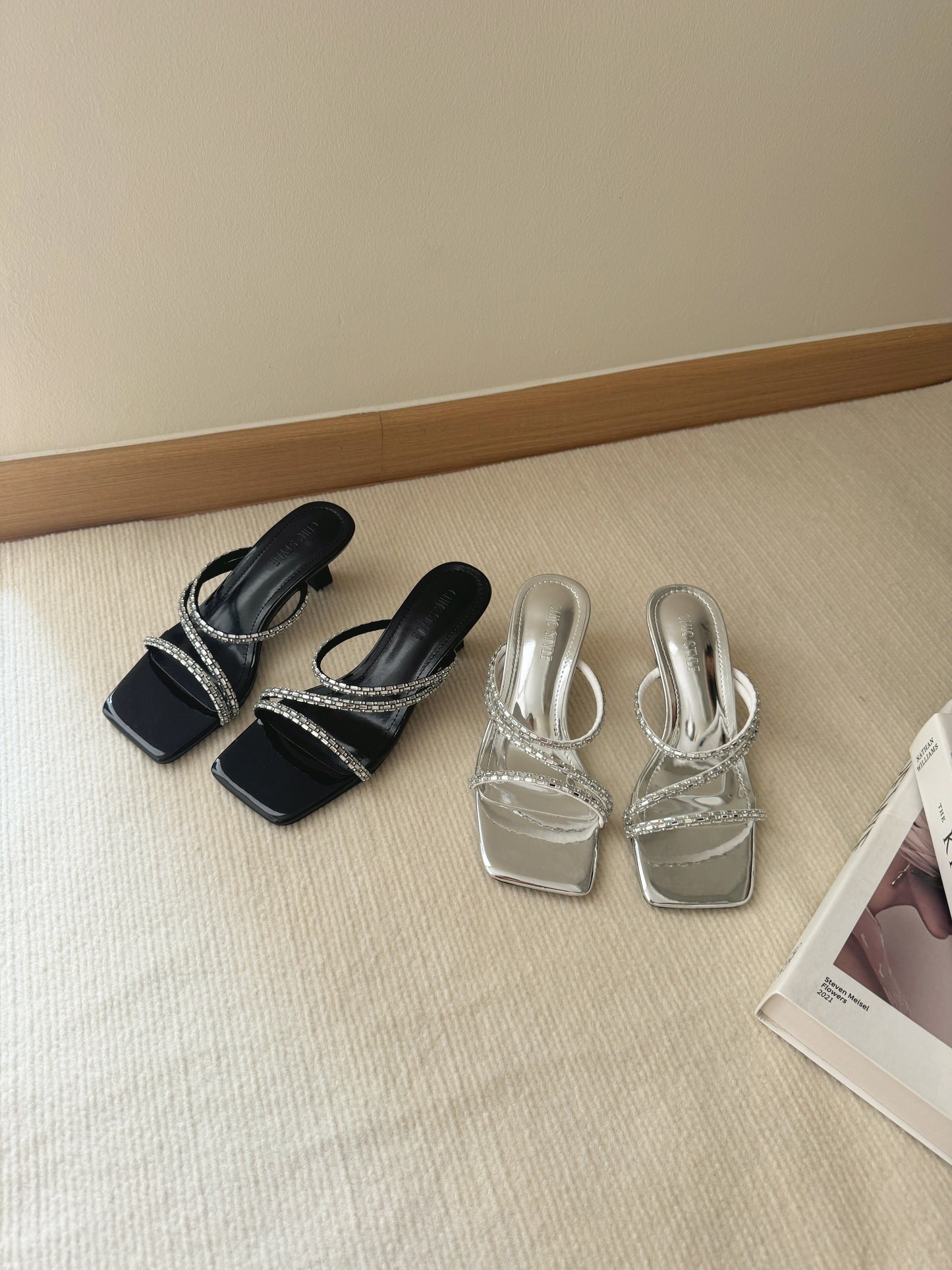 Melanie Rhinestone Strappy Heels (Black)