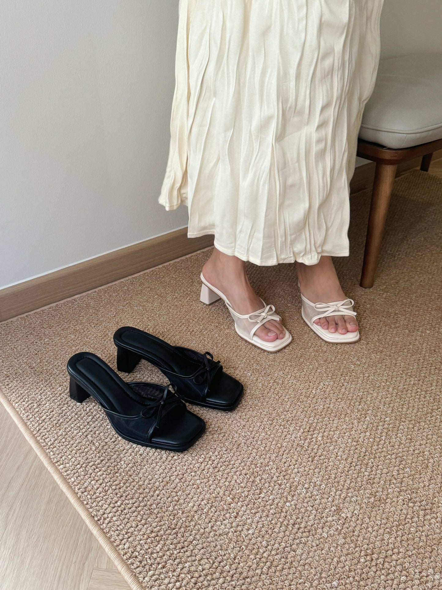 Aubree Bow Mesh Comfy Heels (Cream)