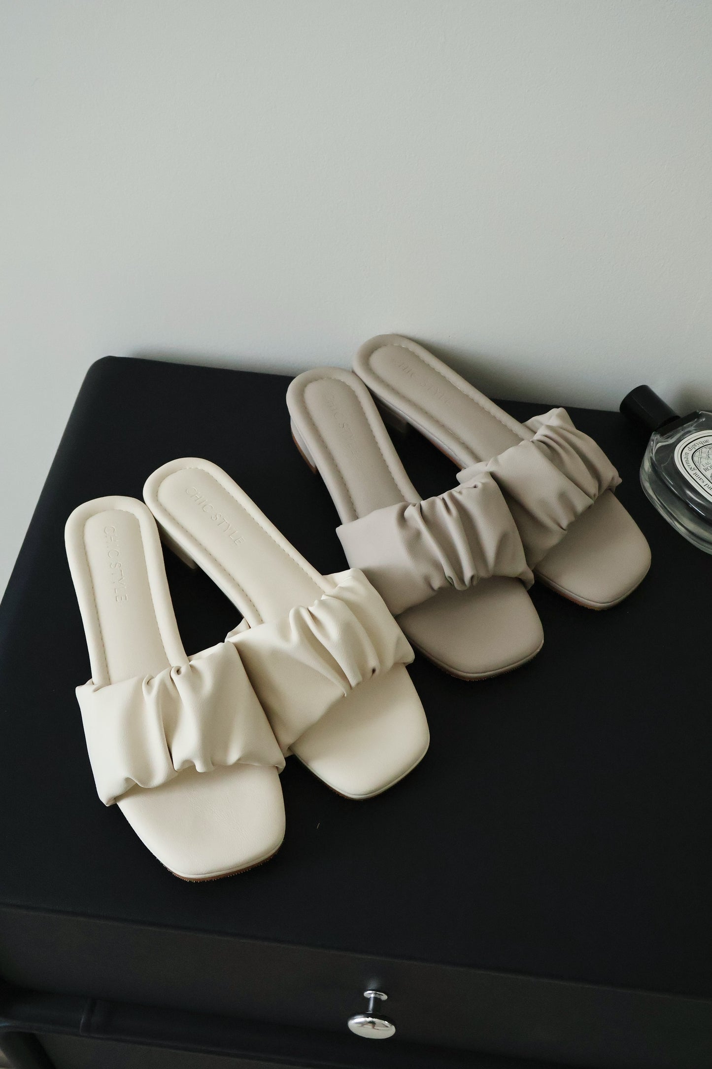 (Preorder) Faye Ruched Low Heel Sandals (Greige)