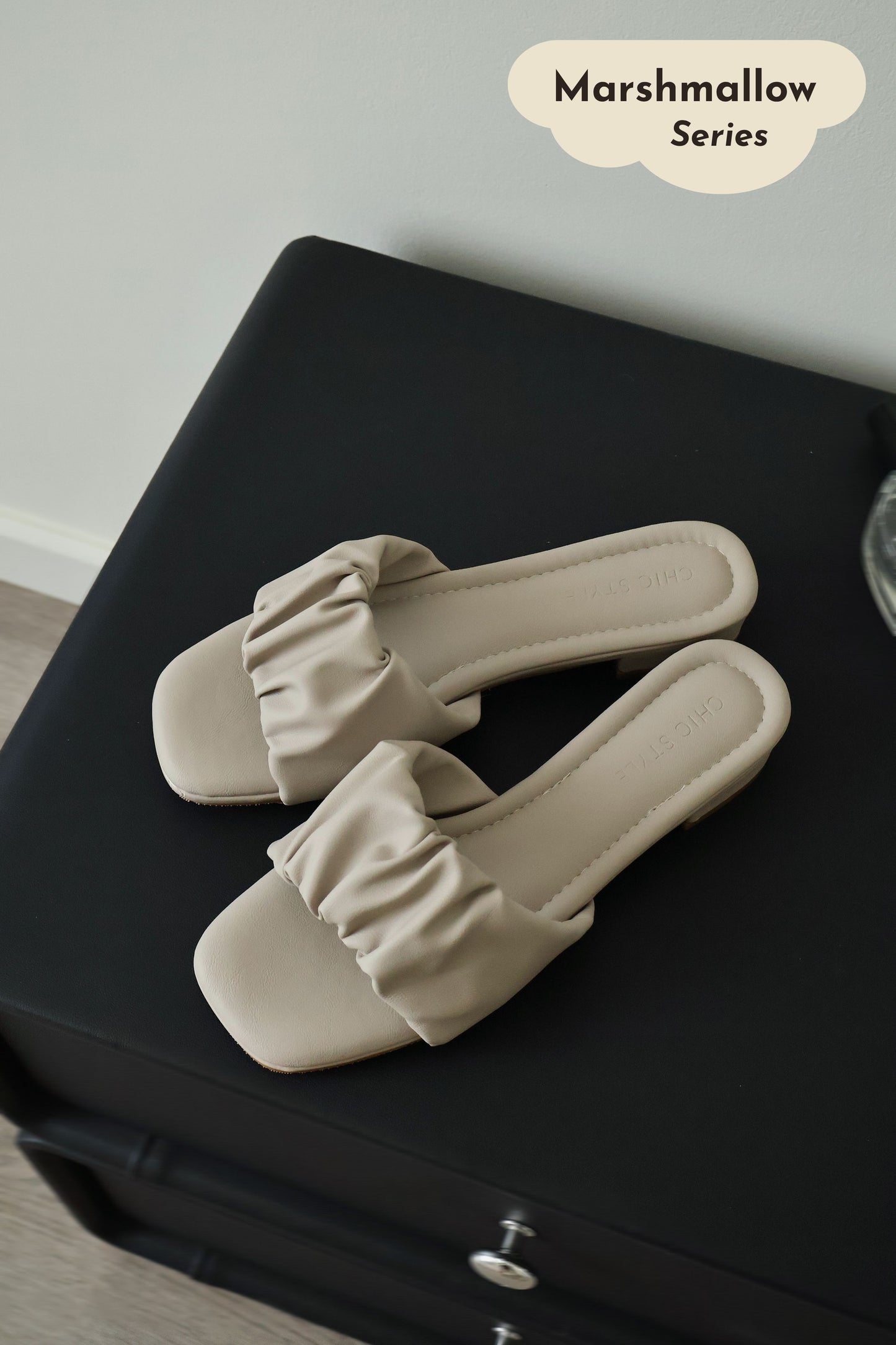 Faye Ruched Low Heel Sandals (Greige)