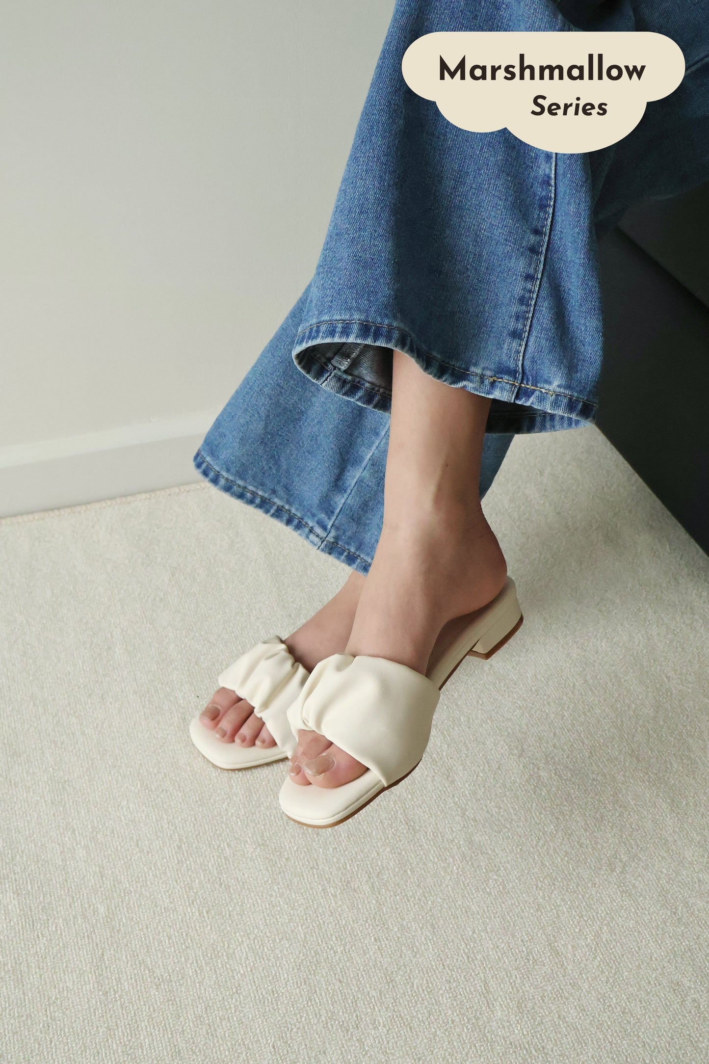 Faye Ruched Low Heel Sandals (Cream White)