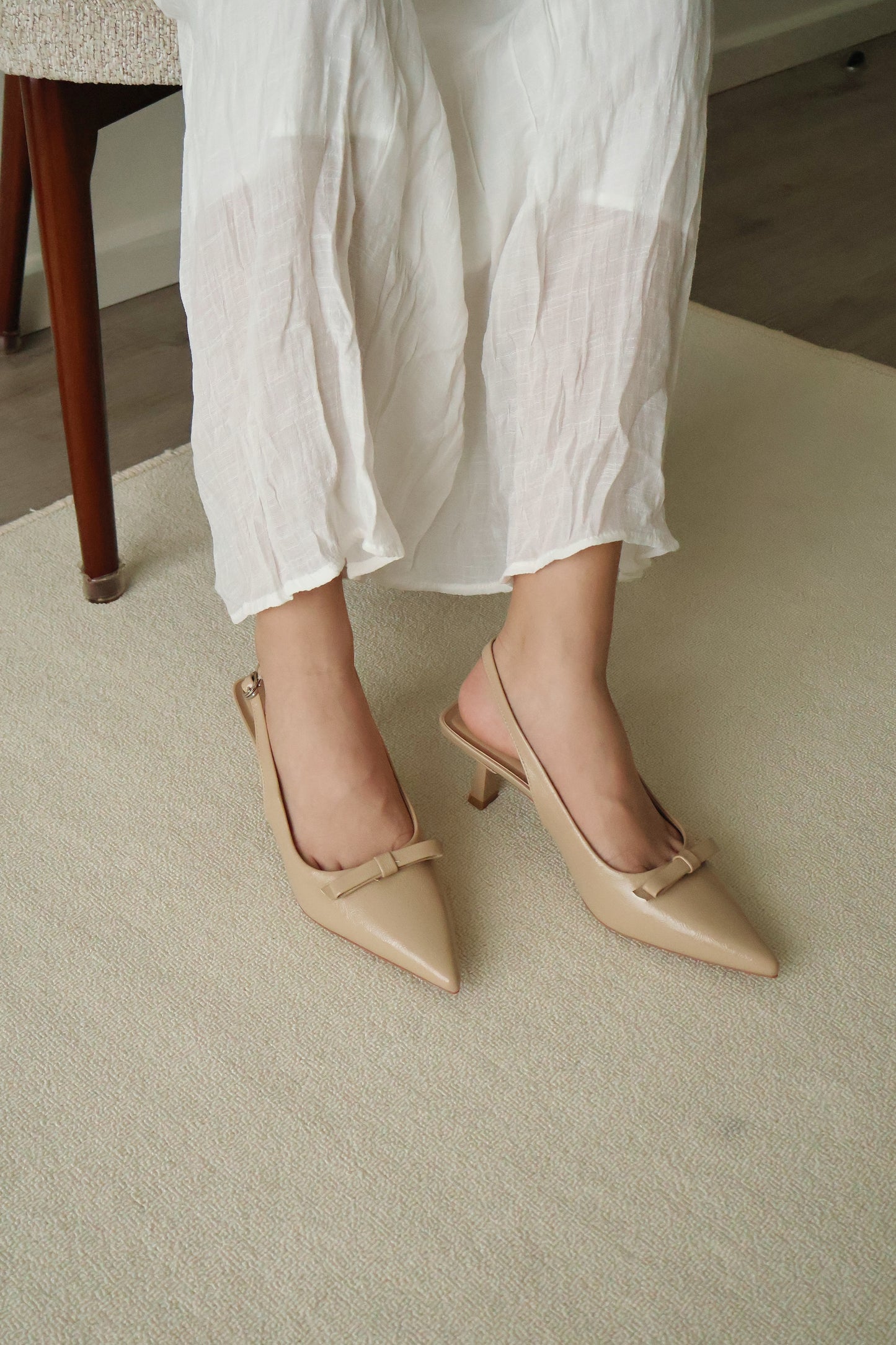 Eleanor Bow Slingback Pointed Heels (Khaki)
