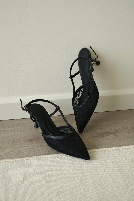 Maia Lace Slingback Heels (Black)