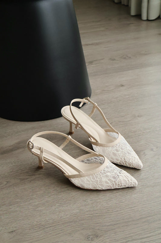 Maia Lace Slingback Heels (Beige)