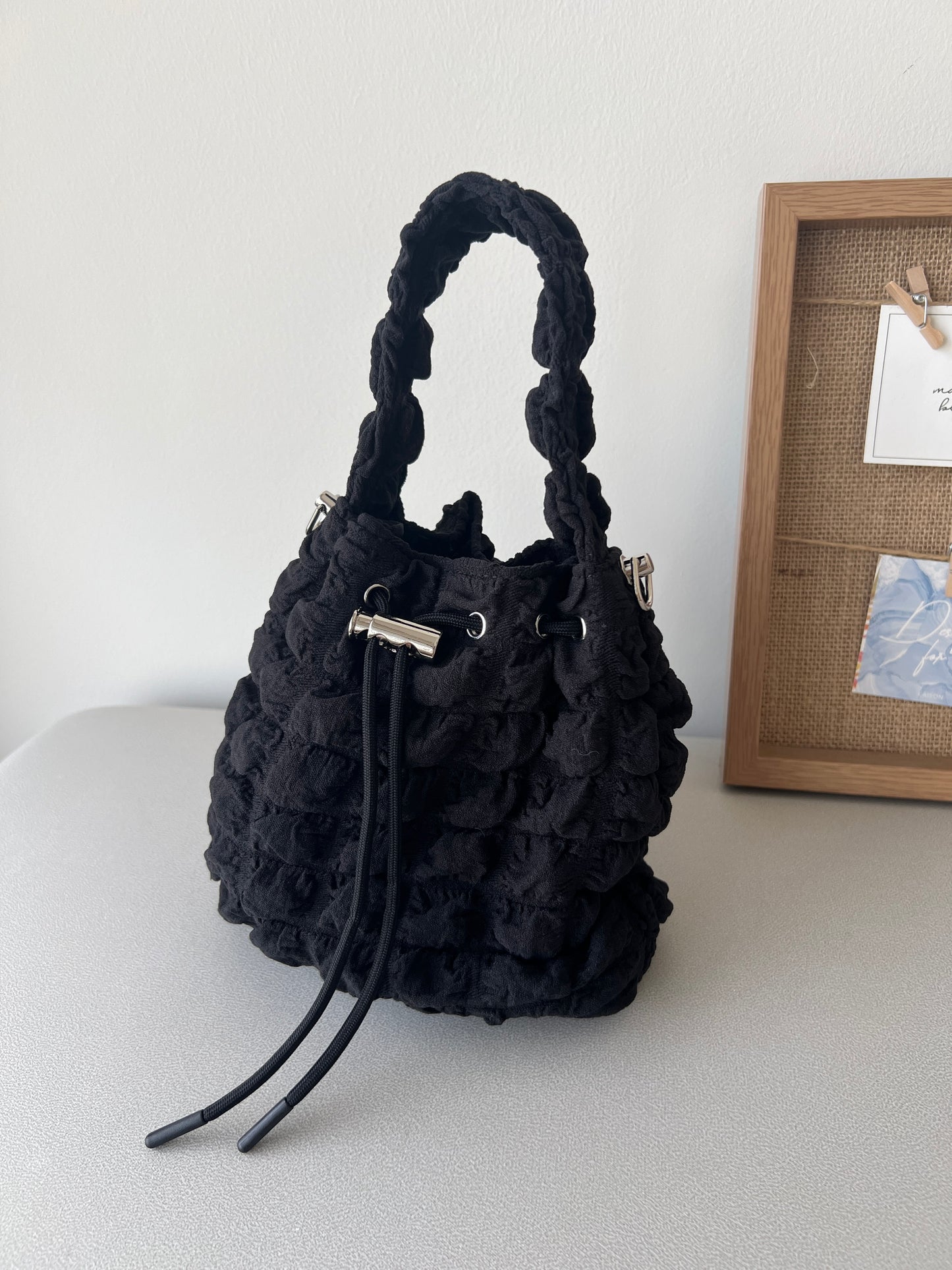 Maelynn Pillow Quilted Bucket Bag (Black)