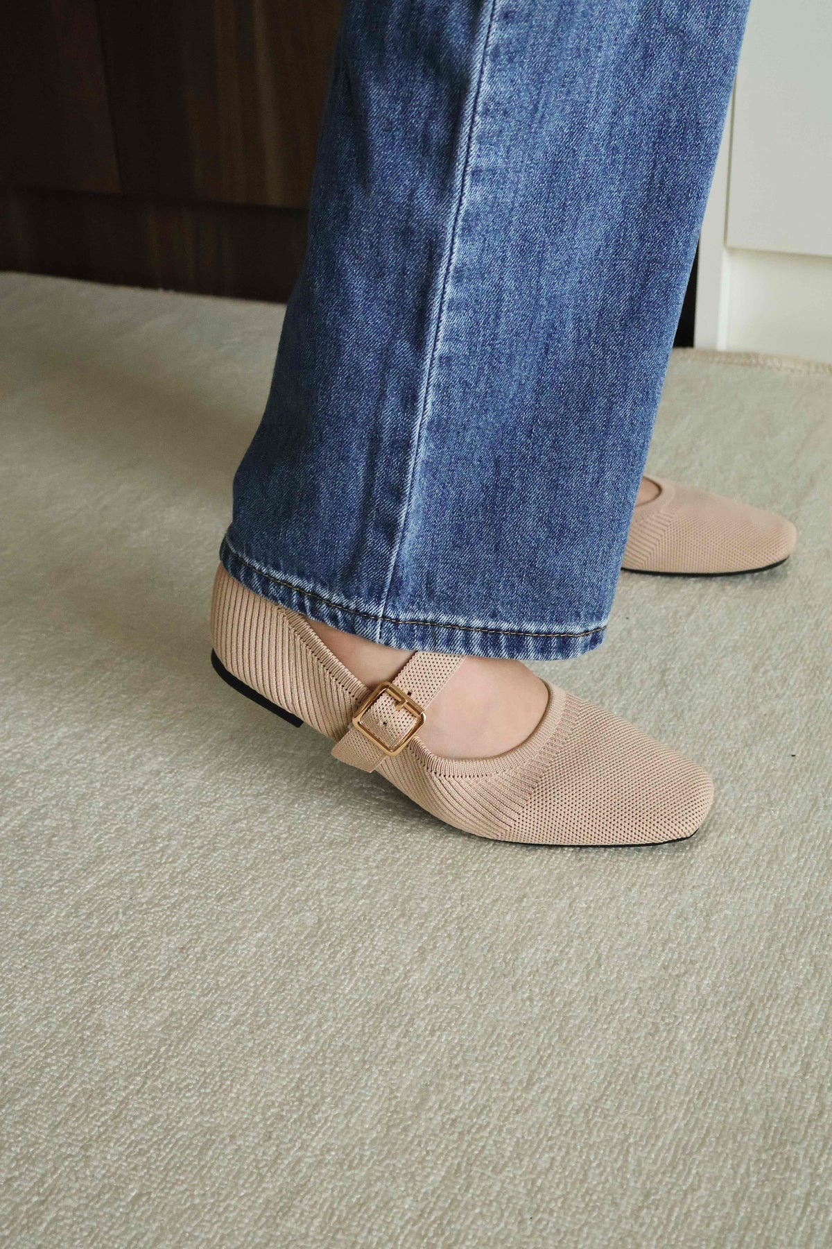 Tebby Knit Mary Jane Flats (Beige)