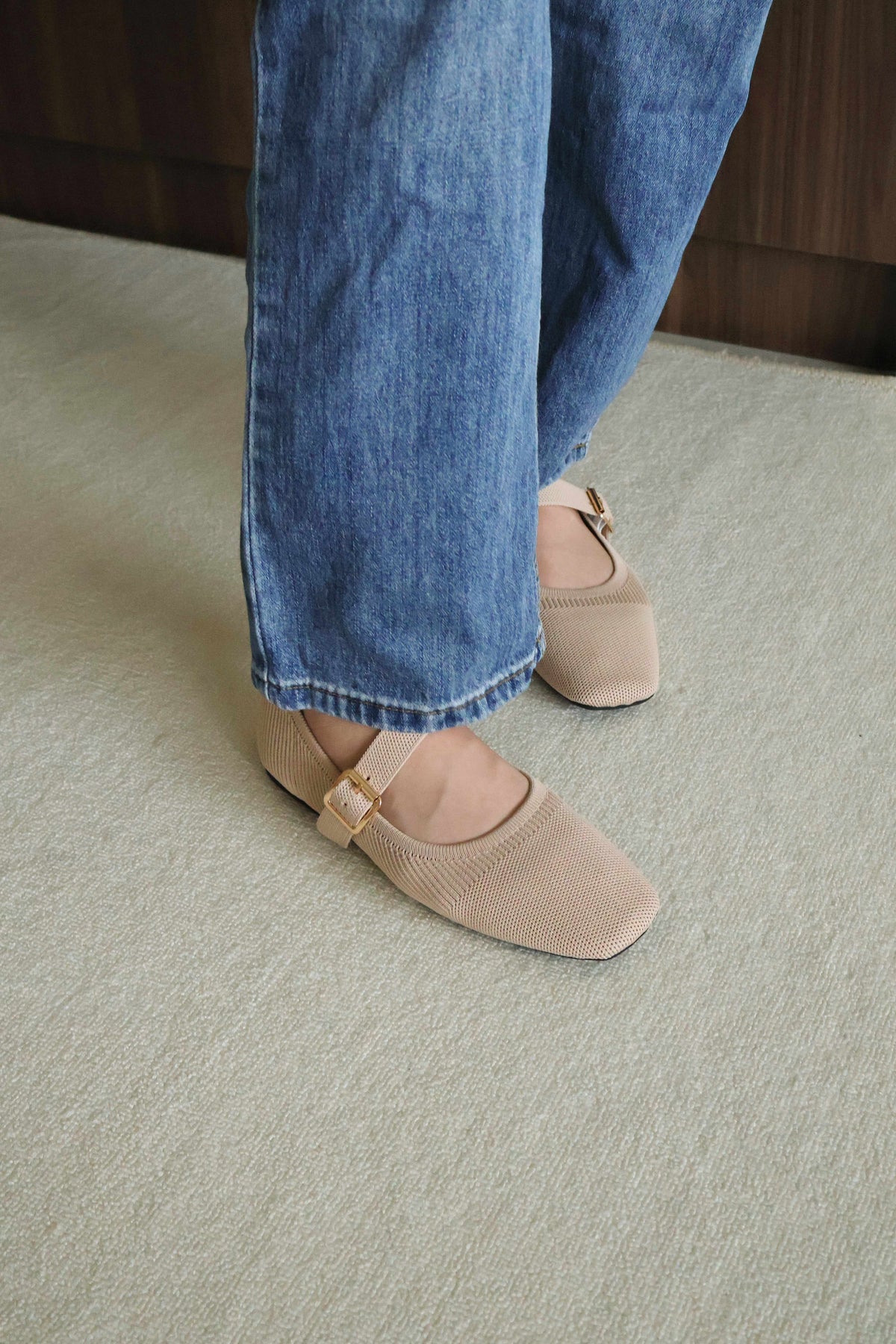 Tebby Knit Mary Jane Flats (Beige)
