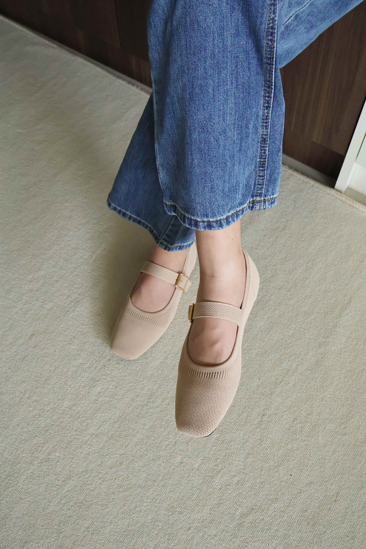 Tebby Knit Mary Jane Flats (Beige)
