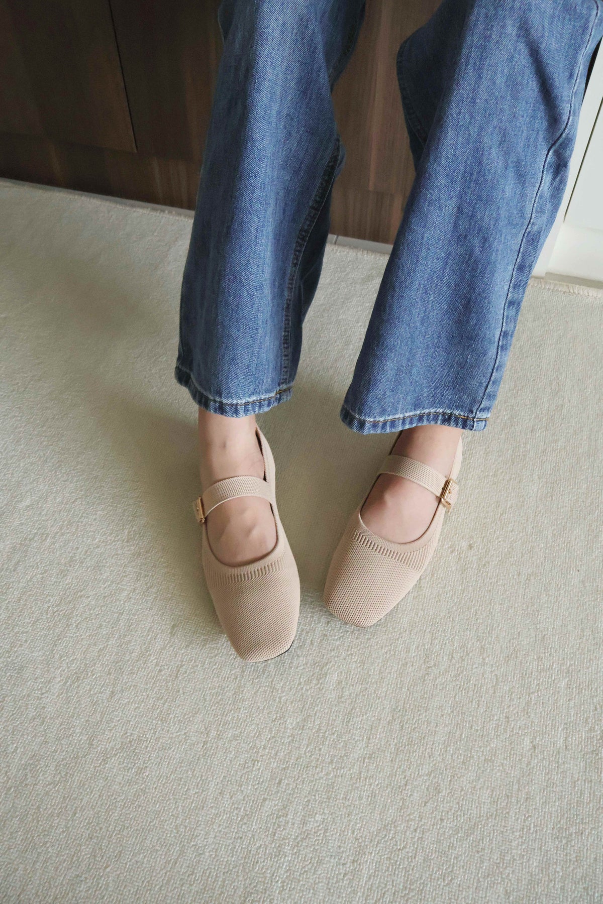 Tebby Knit Mary Jane Flats (Beige)