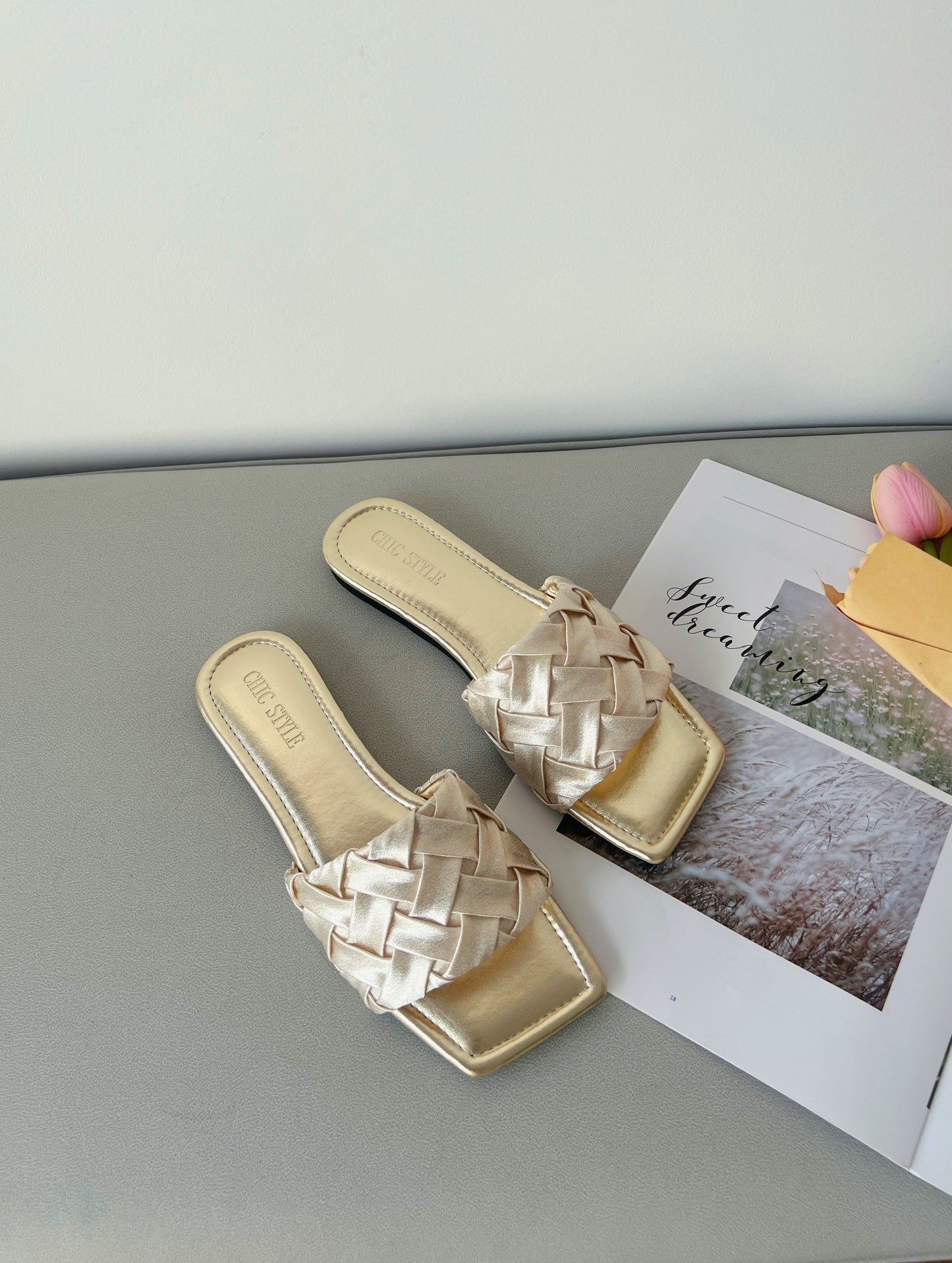 Jen Elegant Woven Flat Sandals (Rose Gold)