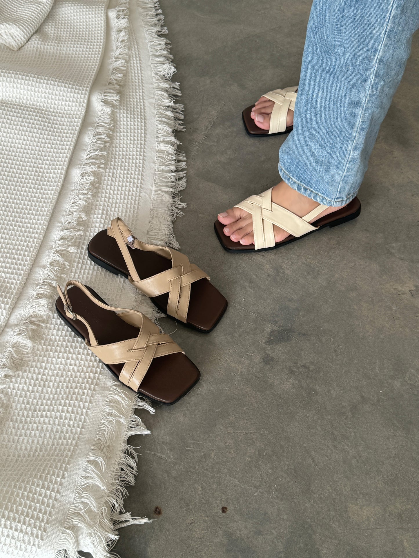 Leyna Cross Slingback Sandals (Cream)