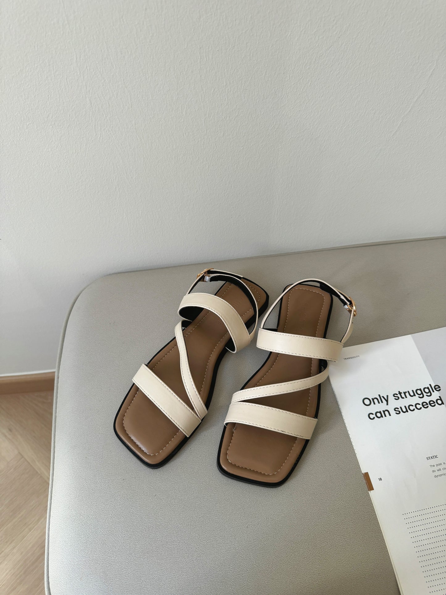 Laura Irregular Strap Sandals (Beige)