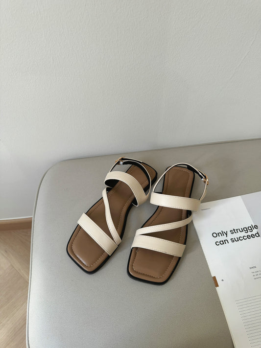 Laura Irregular Strap Sandals (Beige)