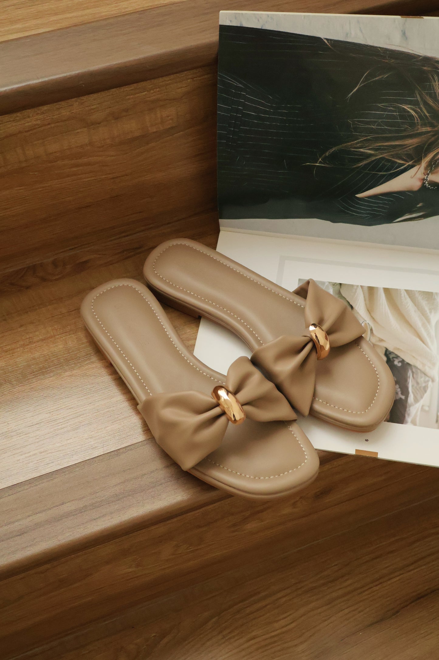 Vera Ribbon Slide Sandals (Taupe)