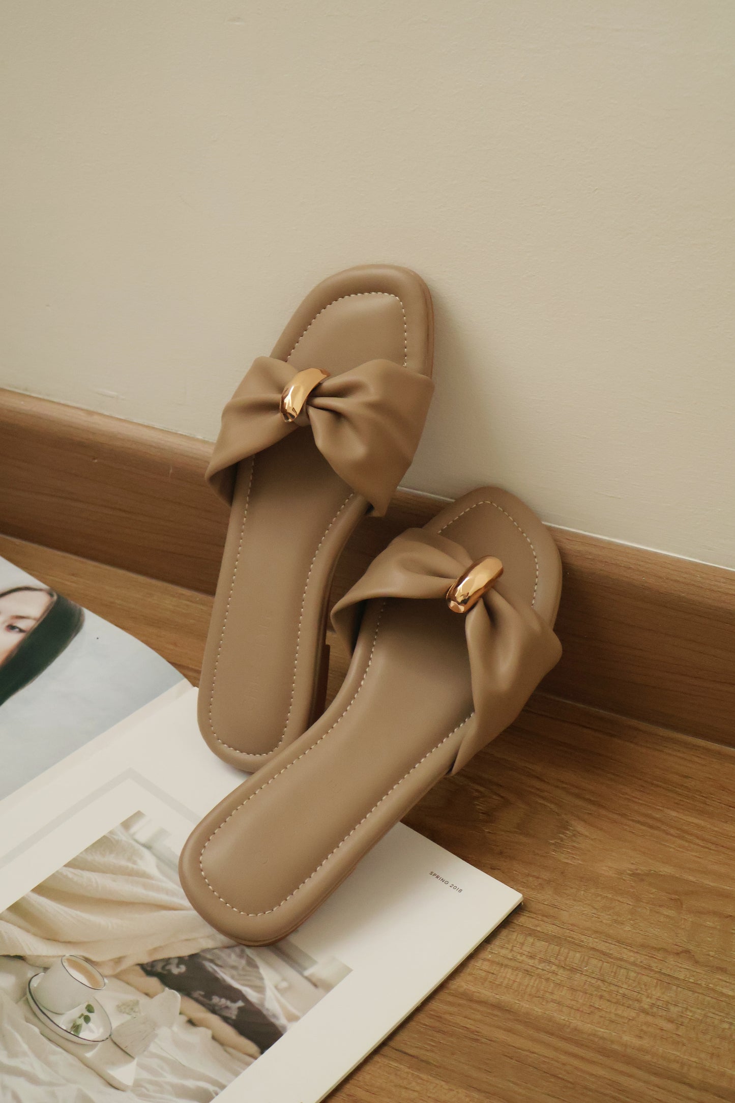 Vera Ribbon Slide Sandals (Taupe)