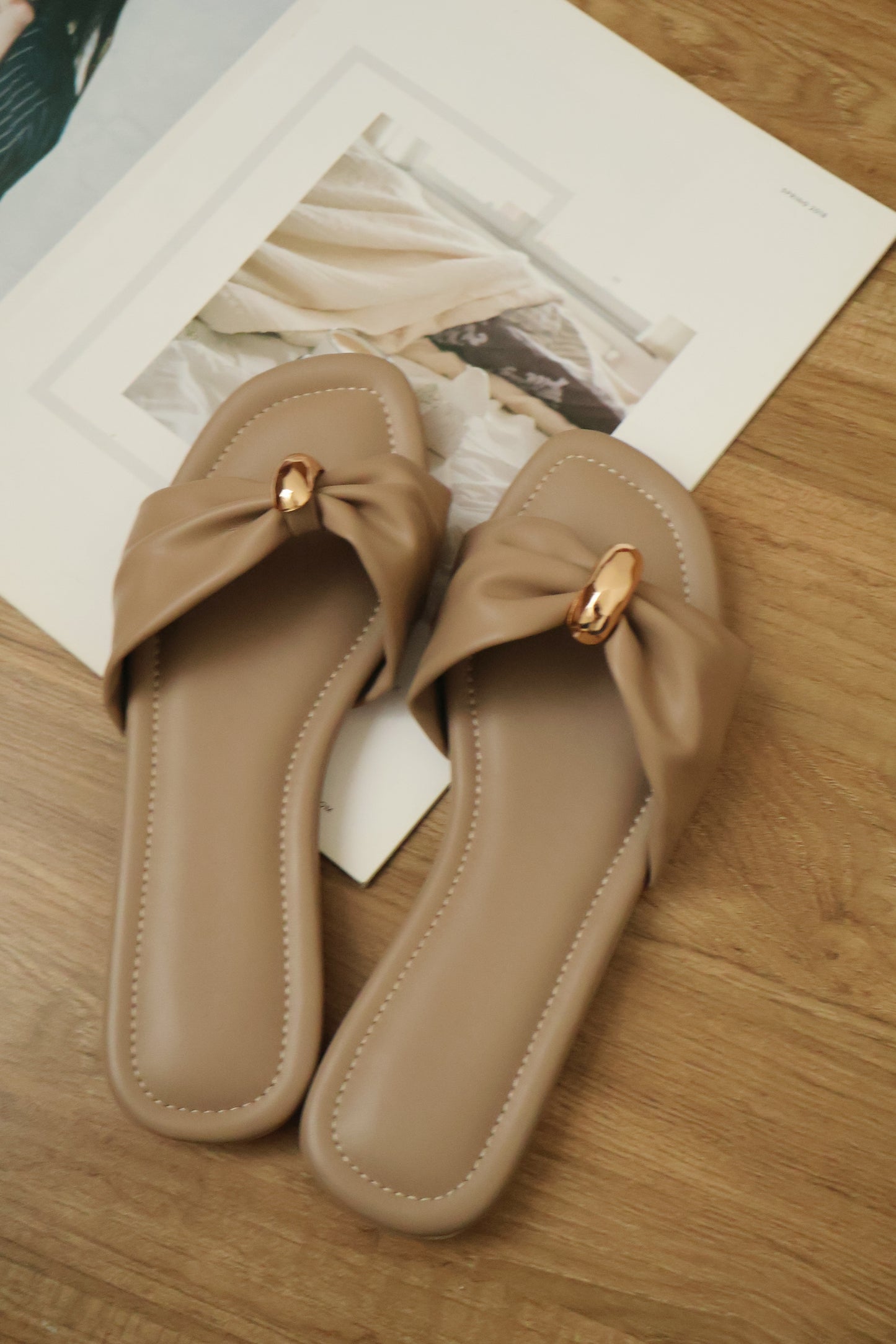 Vera Ribbon Slide Sandals (Taupe)