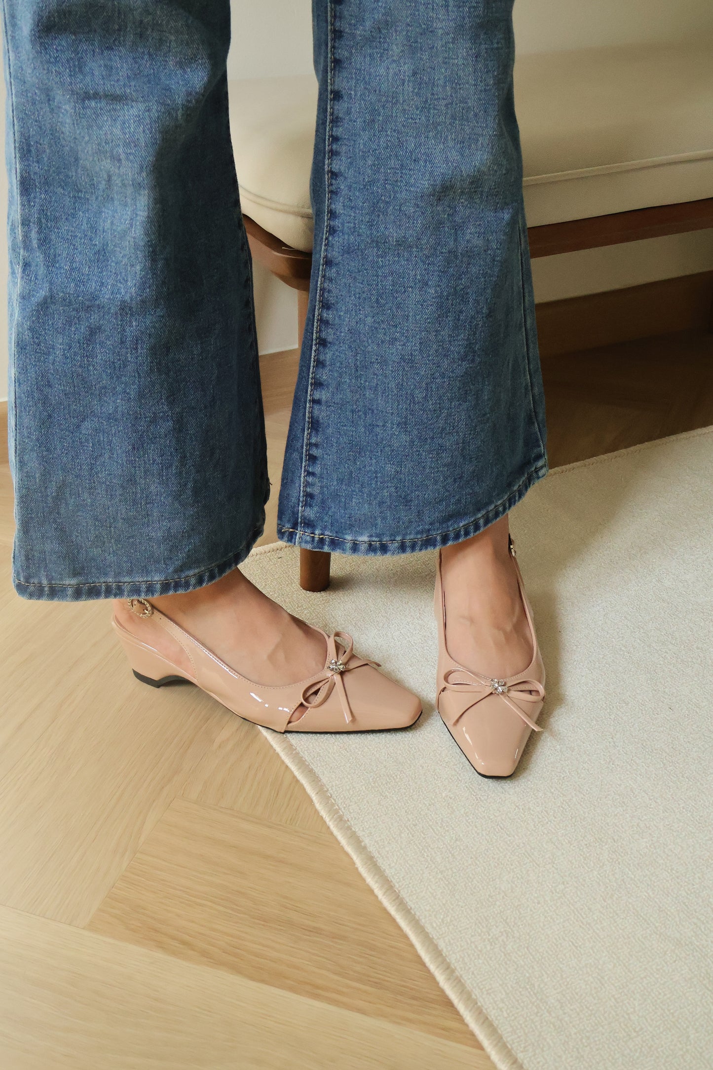 Laurel Bow Slingback Wedge Heels (Nude)