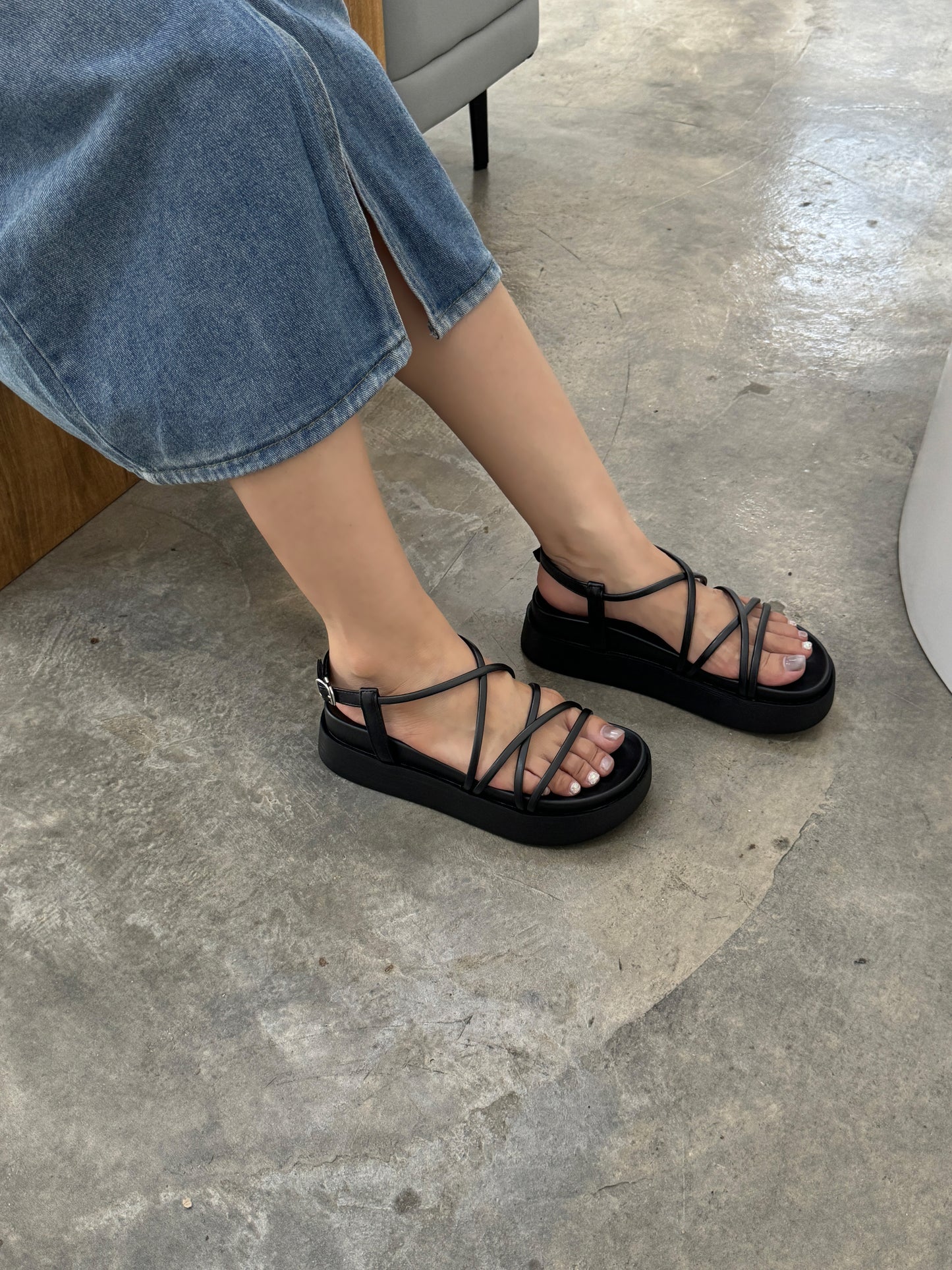 Ethel Buckle Strappy Wedges (Black)