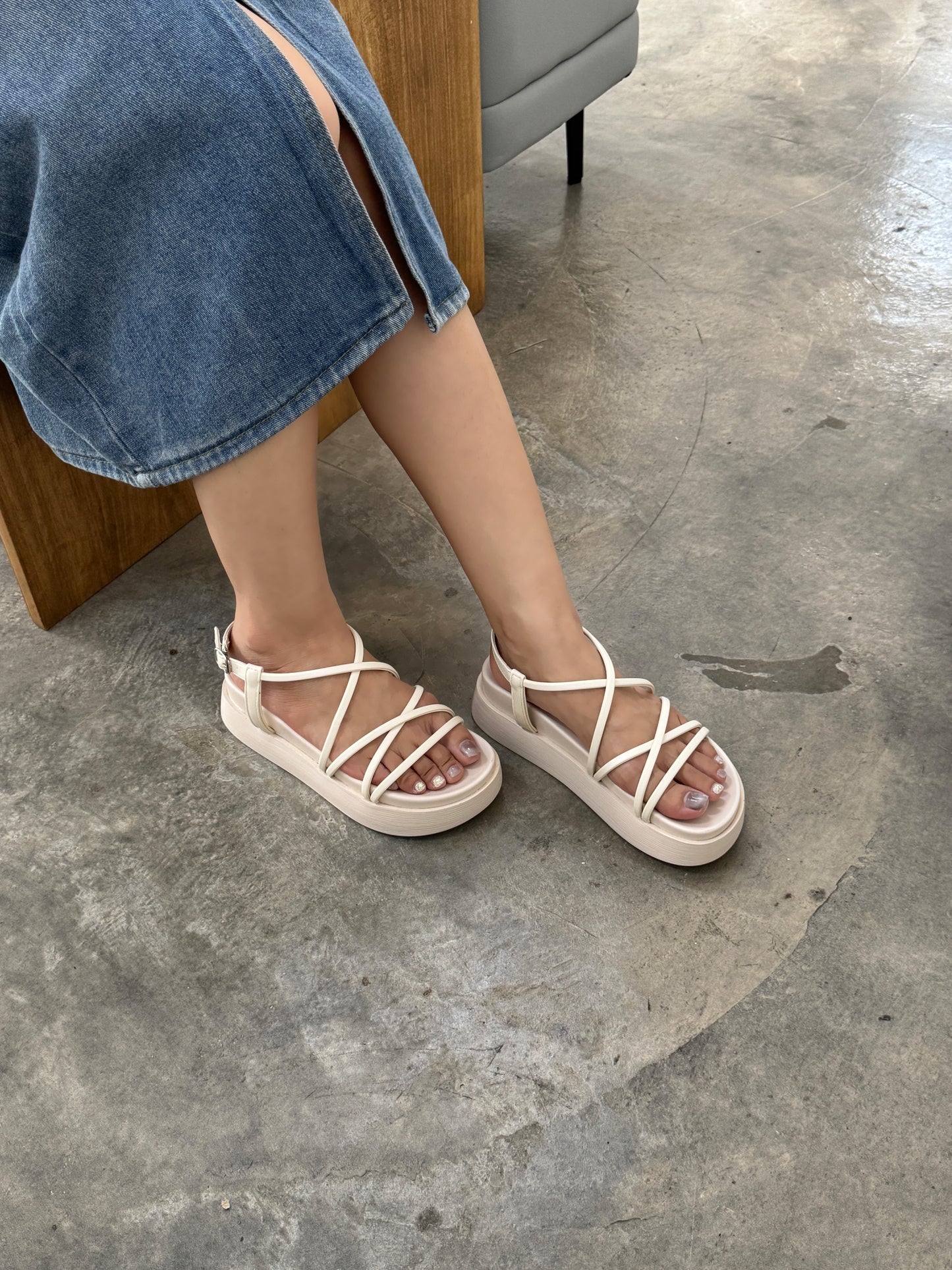 Ethel Buckle Strappy Wedges (Cream)