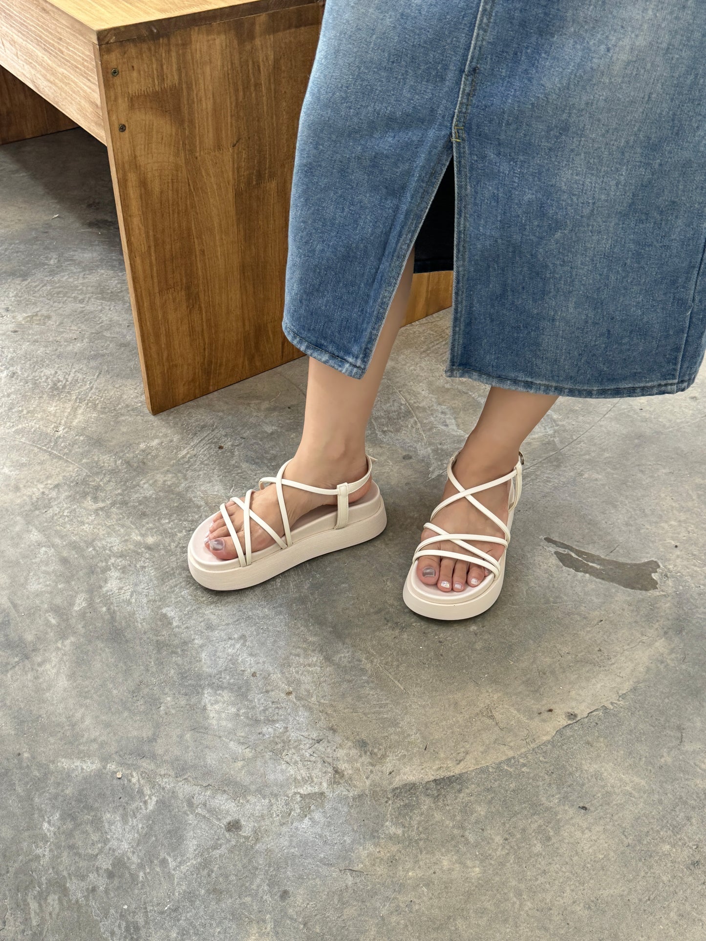 Ethel Buckle Strappy Wedges (Cream)