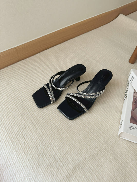 Melanie Rhinestone Strappy Heels (Black)
