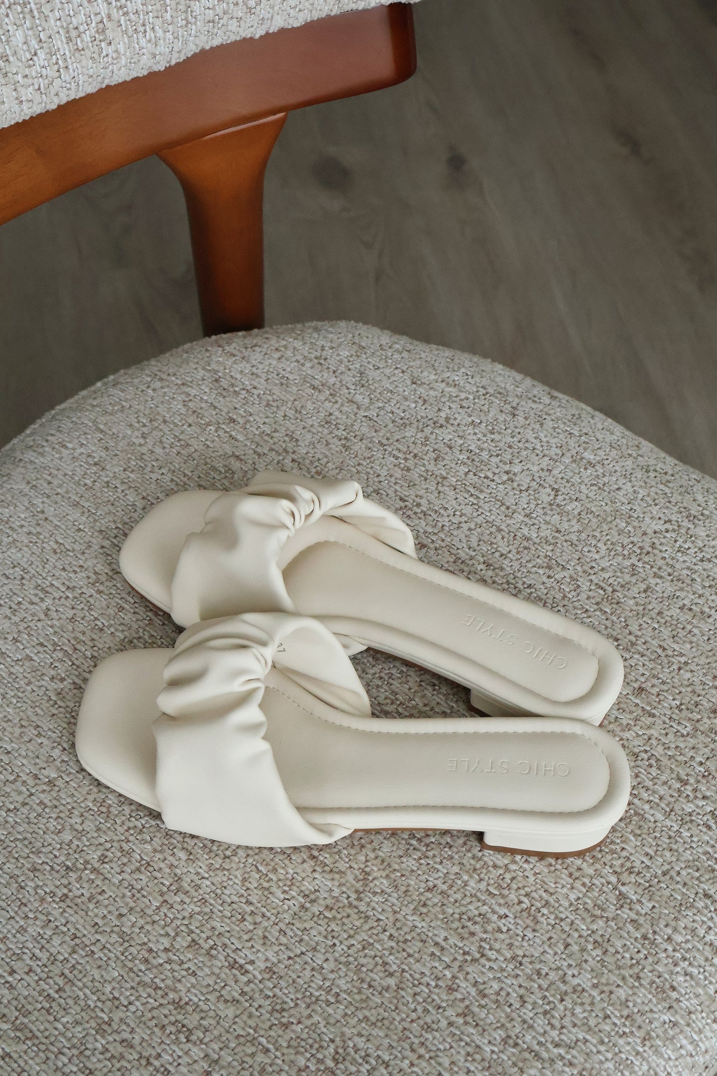 (Preorder) Faye Ruched Low Heel Sandals (Cream White)