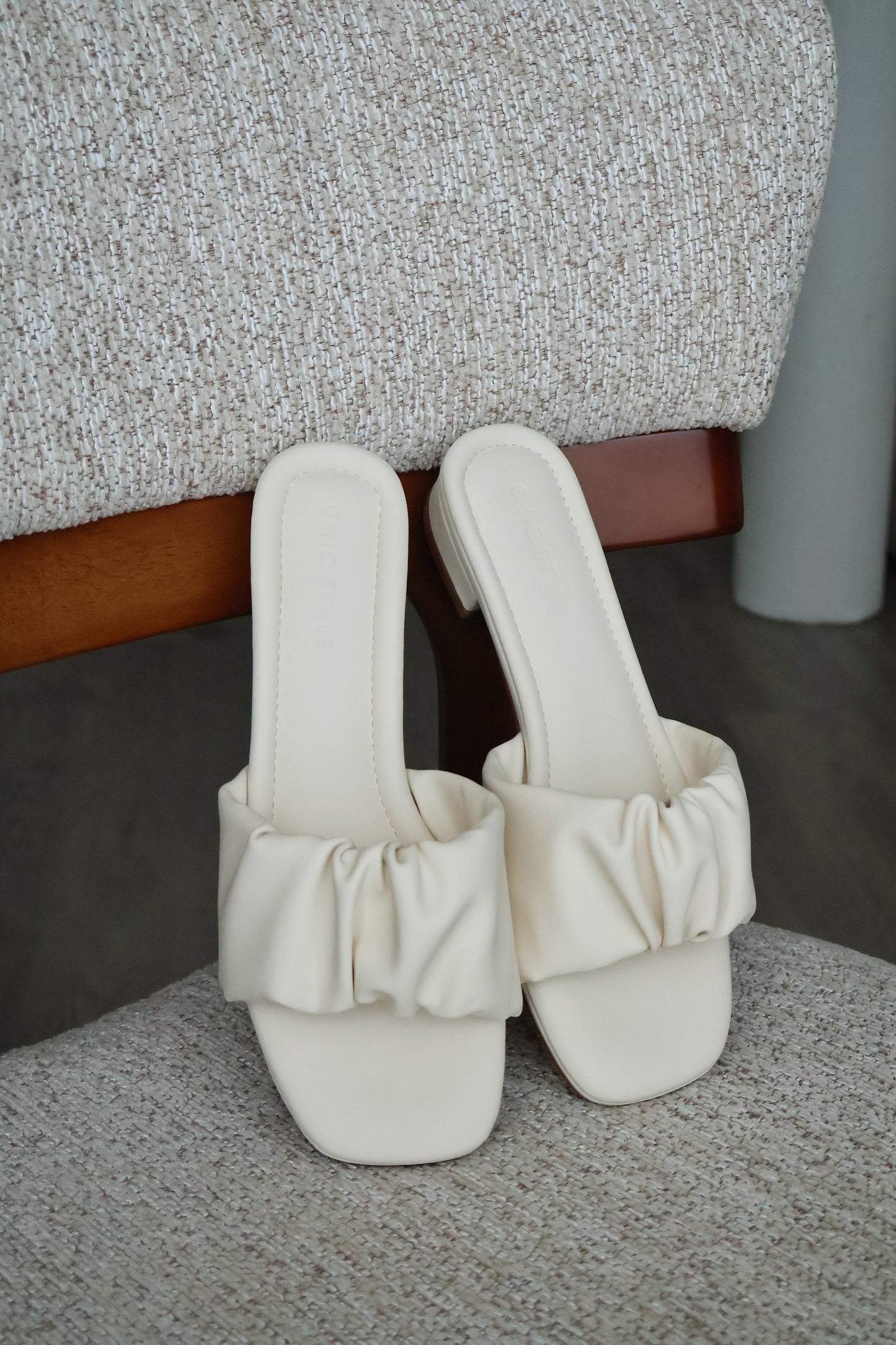 (Preorder) Faye Ruched Low Heel Sandals (Cream White)