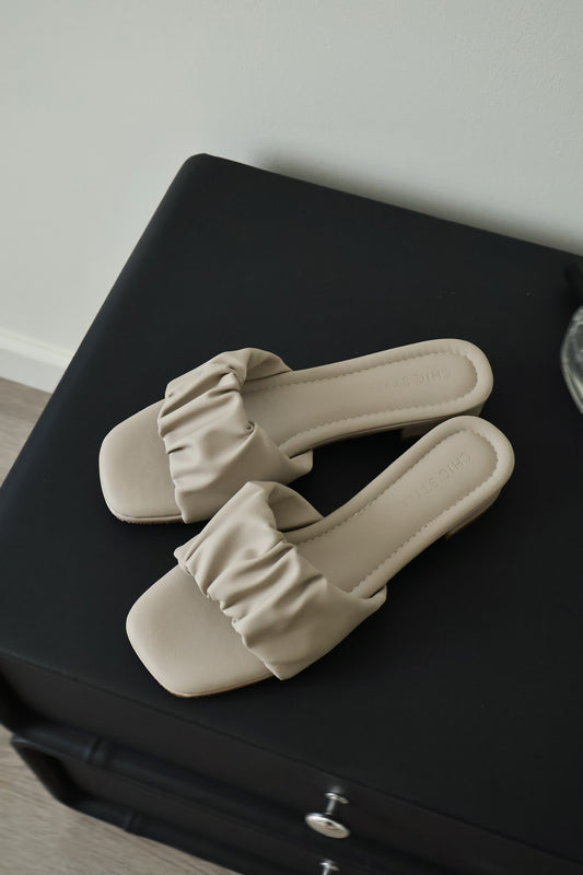 (Preorder) Faye Ruched Low Heel Sandals (Greige)