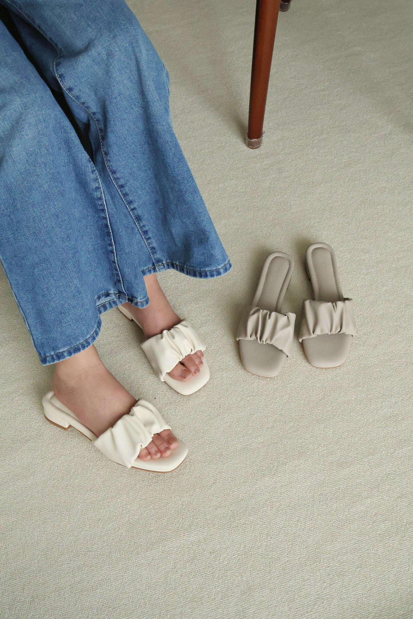 Faye Ruched Low Heel Sandals (Cream White)