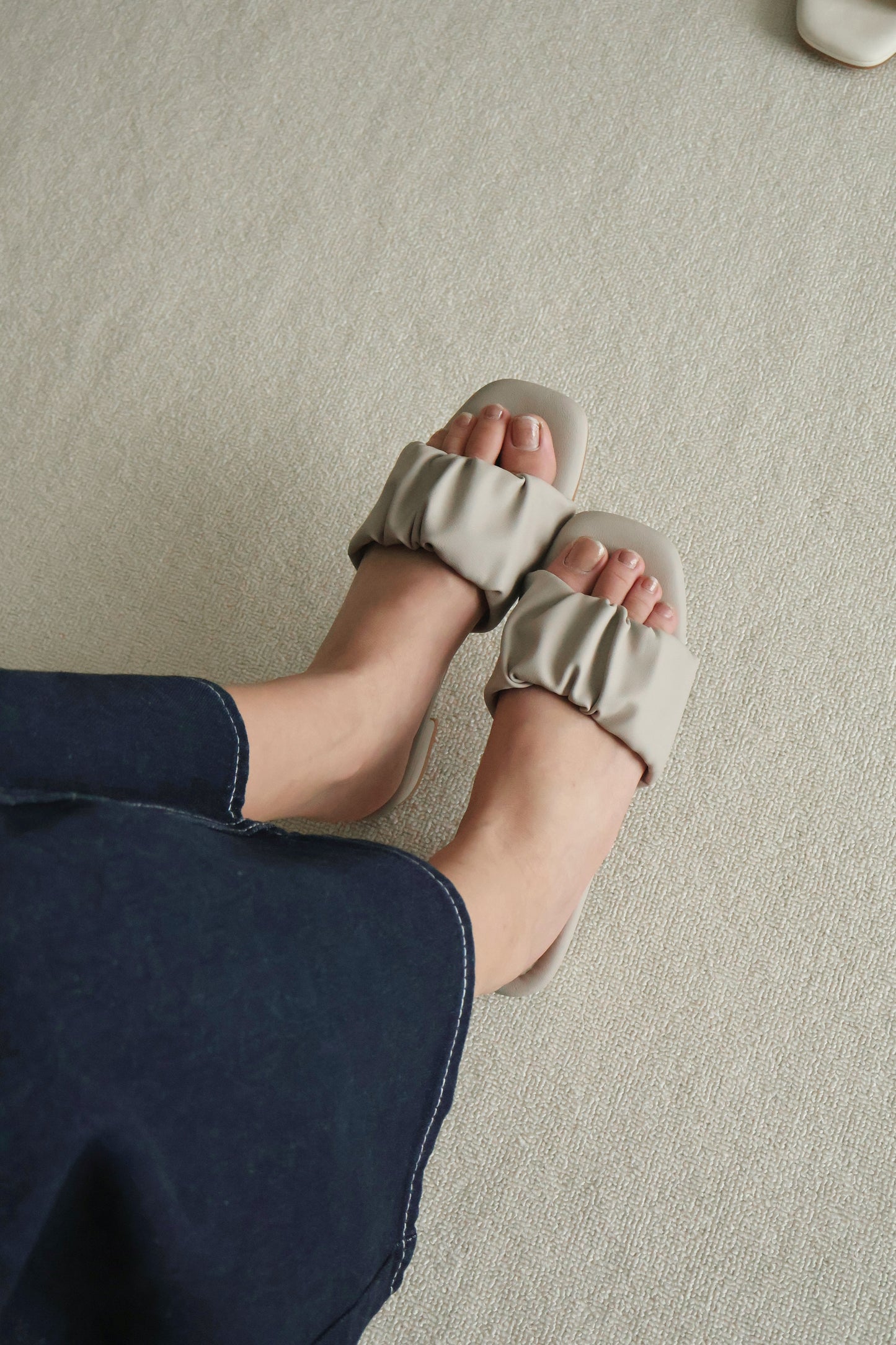 Faye Ruched Low Heel Sandals (Greige)