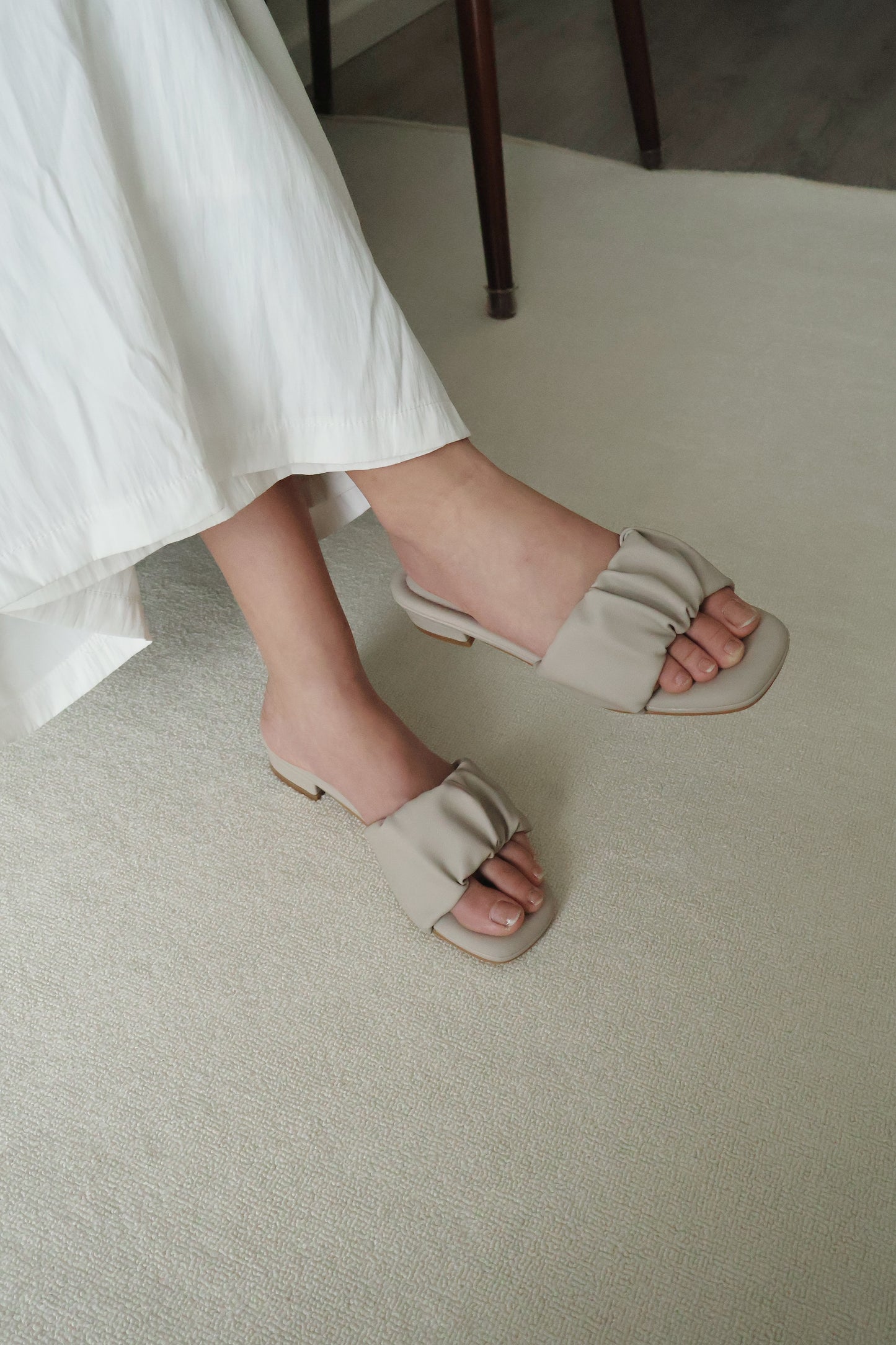 Faye Ruched Low Heel Sandals (Greige)